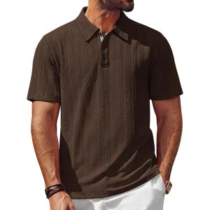 PJ PAUL JONES Mens Polo Shirts Short Sleeve Casual Textured Knit Polo Shirt for Men Goft Collared(Coffee Brown)