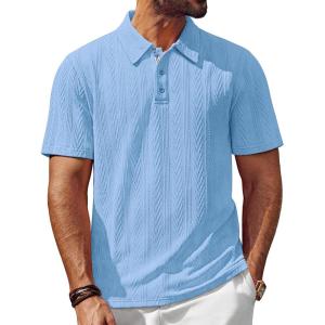 PJ PAUL JONES Mens Polo Shirts Short Sleeve Casual Textured Knit Polo Shirt for Men Goft Collared(Light Blue)