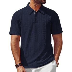 PJ PAUL JONES Mens Polo Shirts Short Sleeve Casual Textured Knit Polo Shirt for Men Goft Collared(Navy Blue)