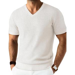 PJ PAUL JONES Mens T Shirts V Neck Short Sleeve Textured Herringbone Modern Fit Knit Shirts(Ivory)