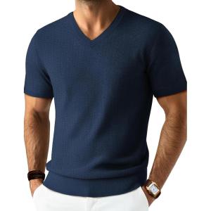 PJ PAUL JONES Mens T Shirts V Neck Short Sleeve Textured Herringbone Modern Fit Knit Shirts(Royal Blue)