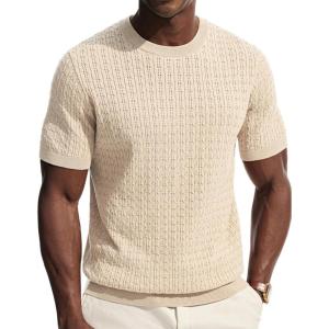 PJ PAUL JONES Mens T-Shirts Casual Hollow Out Summer Shirt Texture Crewneck Knit Shirt(Beige)