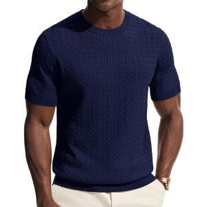 PJ PAUL JONES Mens T-Shirts Casual Hollow Out Summer Shirt Texture Crewneck Knit Shirt(Navy Blue)