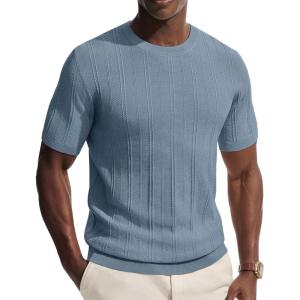 PJ PAUL JONES Mens T-Shirts Crew Neck T Shirts Short Sleeve Knit Shirt Casual Ribbed Top Basic Pullover Tees(Dusty Blue)