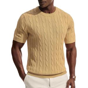 PJ PAUL JONES Mens T-Shirts Crewneck Tee Shirt Cable Knit Tee Short Sleeve Texture T Shirt(Camel)