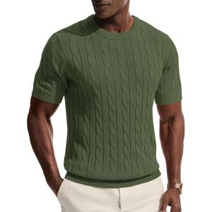 PJ PAUL JONES Mens T-Shirts Crewneck Tee Shirt Cable Knit Tee Short Sleeve Texture T Shirt(Green)