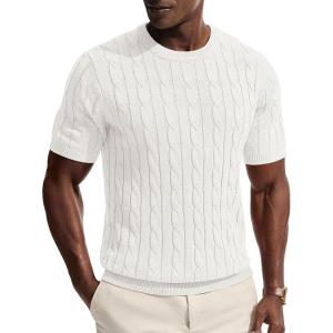 PJ PAUL JONES Mens T-Shirts Crewneck Tee Shirt Cable Knit Tee Short Sleeve Texture T Shirt(White)