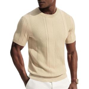 PJ PAUL JONES Mens T-Shirts Knit Tee Shirt Textured Crewneck Tee Short Sleeves T Shirt(Apricot)