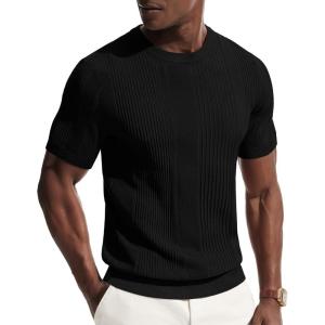 PJ PAUL JONES Mens T-Shirts Knit Tee Shirt Textured Crewneck Tee Short Sleeves T Shirt(Black)