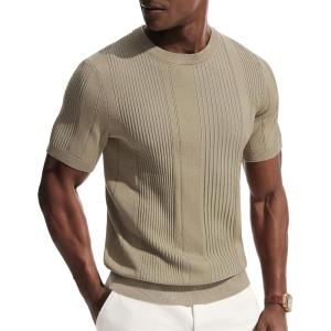 PJ PAUL JONES Mens T-Shirts Knit Tee Shirt Textured Crewneck Tee Short Sleeves T Shirt(Light Khaki)