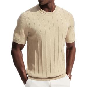 PJ PAUL JONES Mens T-Shirts Short Sleeve Crewneck Knit Texture Shirt Fashion Casual Stretch Tee Shirts(Beige)