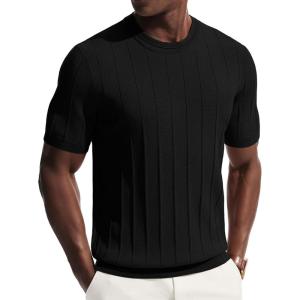 PJ PAUL JONES Mens T-Shirts Short Sleeve Crewneck Knit Texture Shirt Fashion Casual Stretch Tee Shirts(Black)