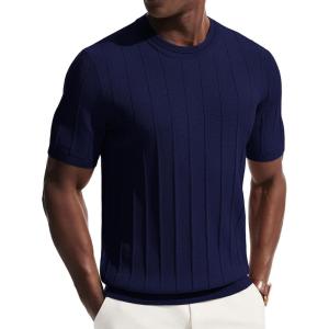 PJ PAUL JONES Mens T-Shirts Short Sleeve Crewneck Knit Texture Shirt Fashion Casual Stretch Tee Shirts(Dark Blue)