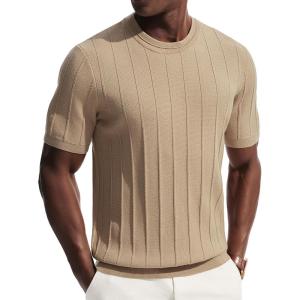 PJ PAUL JONES Mens T-Shirts Short Sleeve Crewneck Knit Texture Shirt Fashion Casual Stretch Tee Shirts(Khaki)