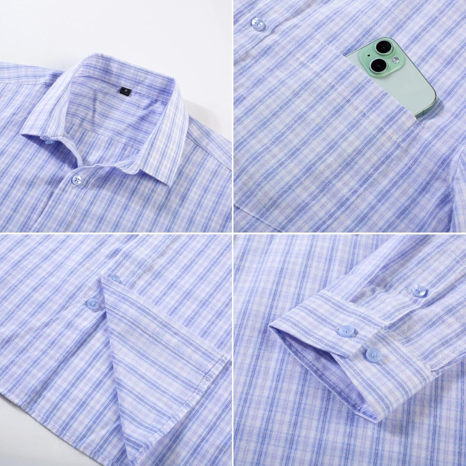 imagePJ PAUL JONES Mens Dress Shirts Cotton Long Sleeve Button Down Shirts Business Casual Plaid Tops with PocketBlue Purple Gingham
