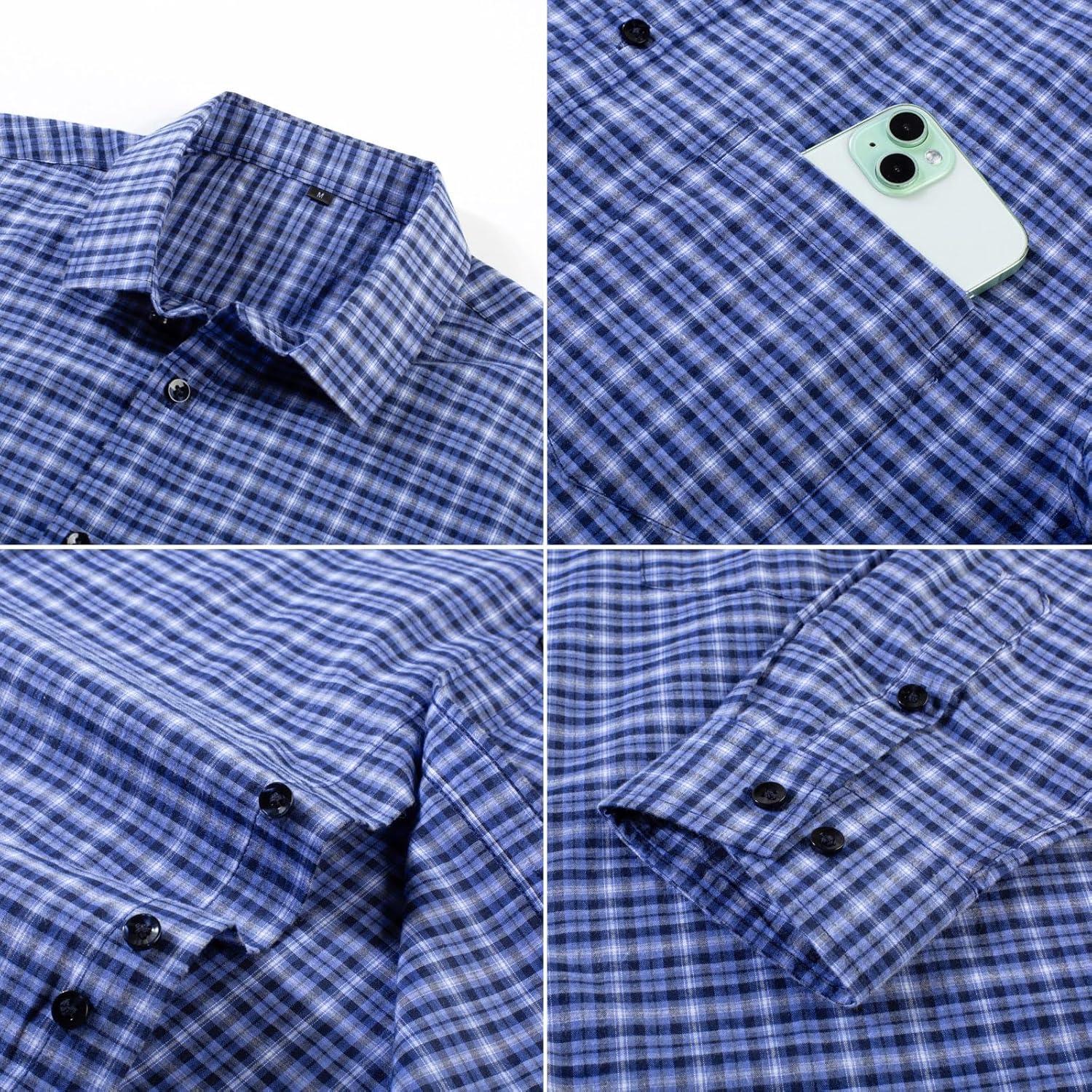 imagePJ PAUL JONES Mens Dress Shirts Cotton Long Sleeve Button Down Shirts Business Casual Plaid Tops with PocketDark Blue Gingham
