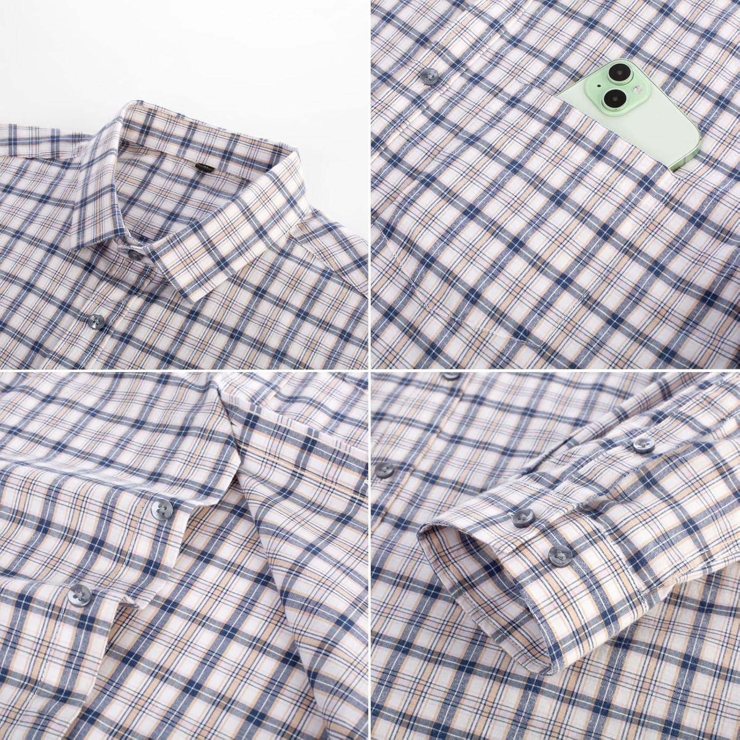imagePJ PAUL JONES Mens Dress Shirts Cotton Long Sleeve Button Down Shirts Business Casual Plaid Tops with PocketKhaki Gingham