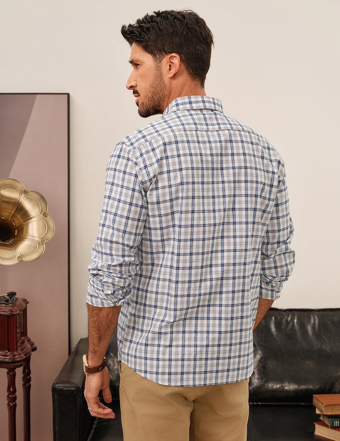 imagePJ PAUL JONES Mens Dress Shirts Cotton Long Sleeve Button Down Shirts Business Casual Plaid Tops with PocketKhaki Gingham