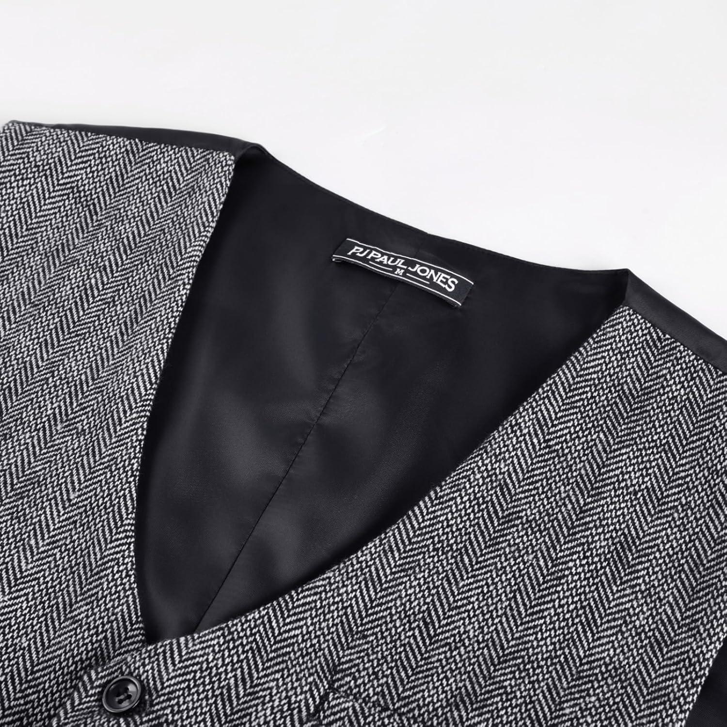 imagePJ PAUL JONES Mens Herringbone Tweed Suit Vest Casual Wool Blend WaistcoatBlack and White