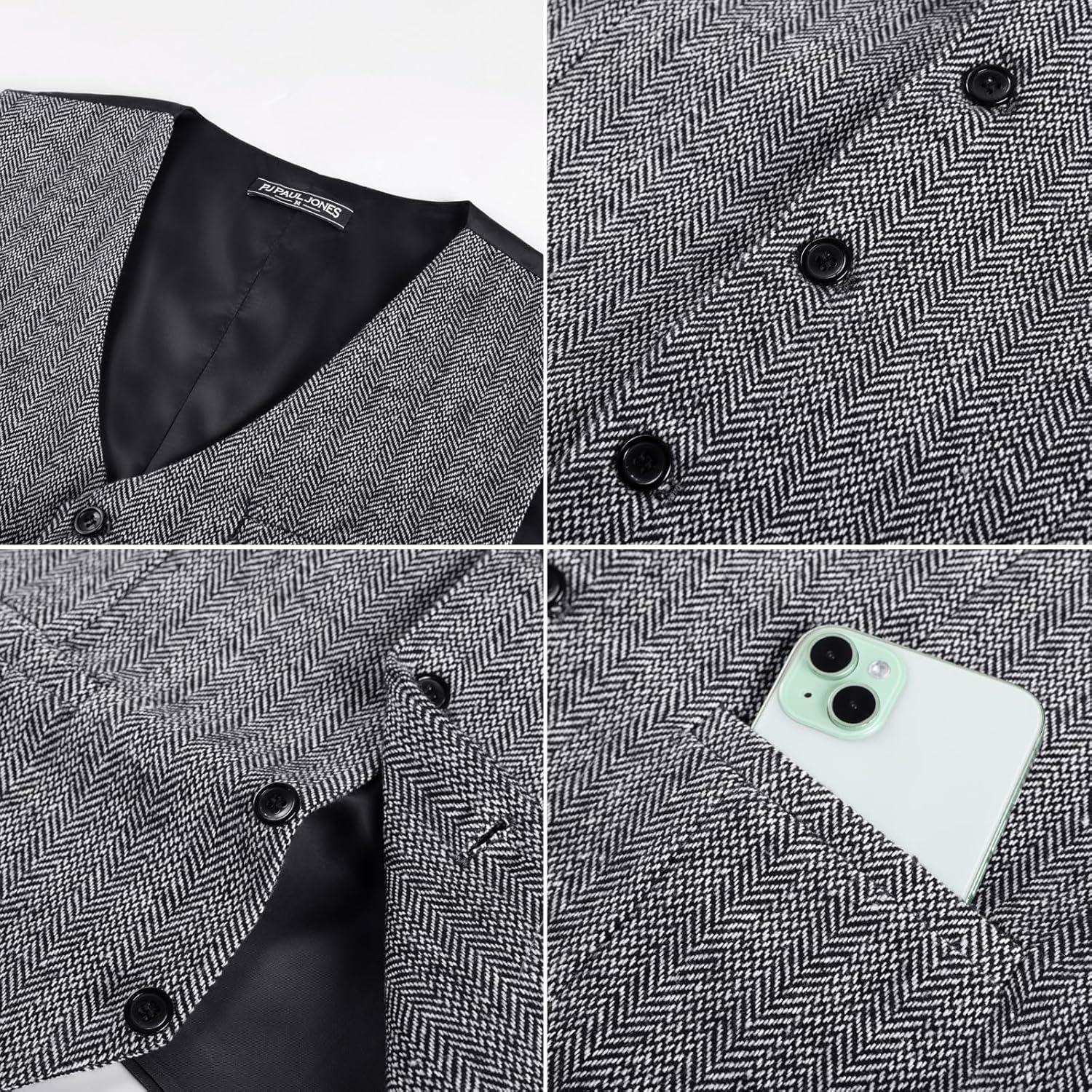 imagePJ PAUL JONES Mens Herringbone Tweed Suit Vest Casual Wool Blend WaistcoatBlack and White