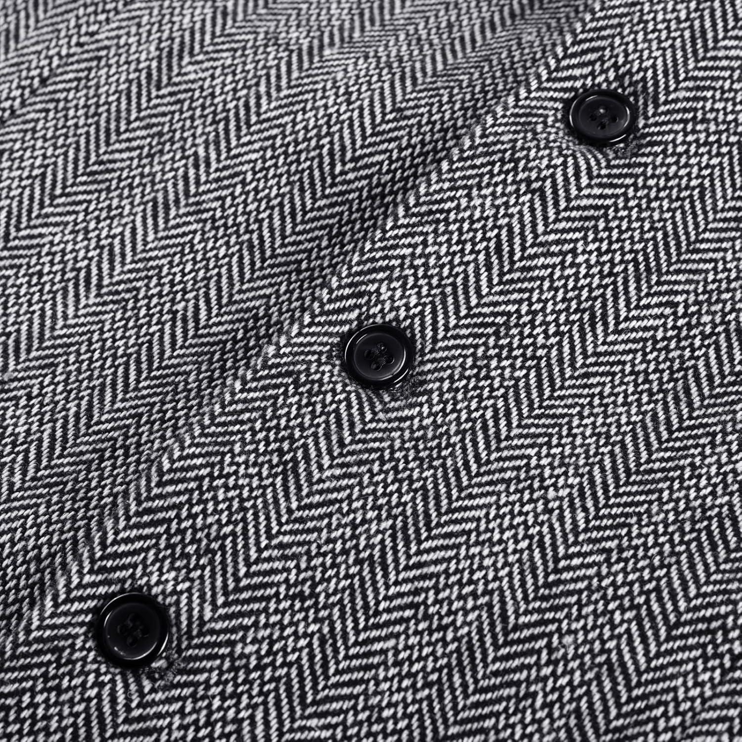 imagePJ PAUL JONES Mens Herringbone Tweed Suit Vest Casual Wool Blend WaistcoatBlack and White