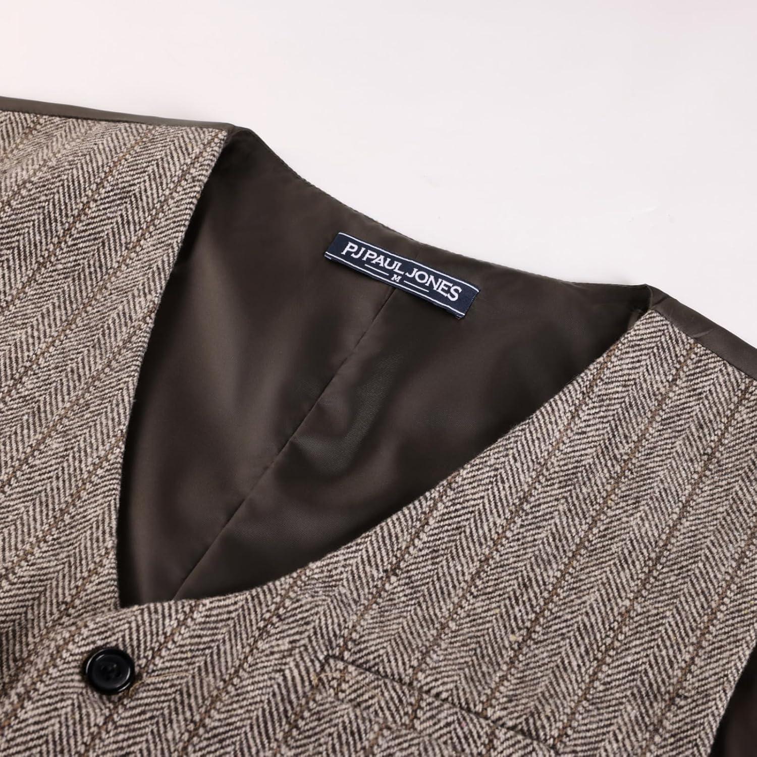 imagePJ PAUL JONES Mens Herringbone Tweed Suit Vest Casual Wool Blend WaistcoatCoffee Stripes Brown Herringbone