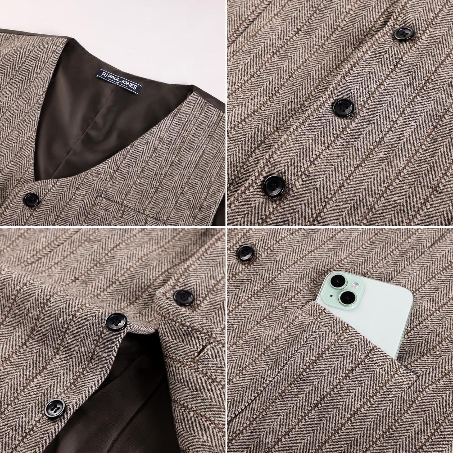 imagePJ PAUL JONES Mens Herringbone Tweed Suit Vest Casual Wool Blend WaistcoatCoffee Stripes Brown Herringbone