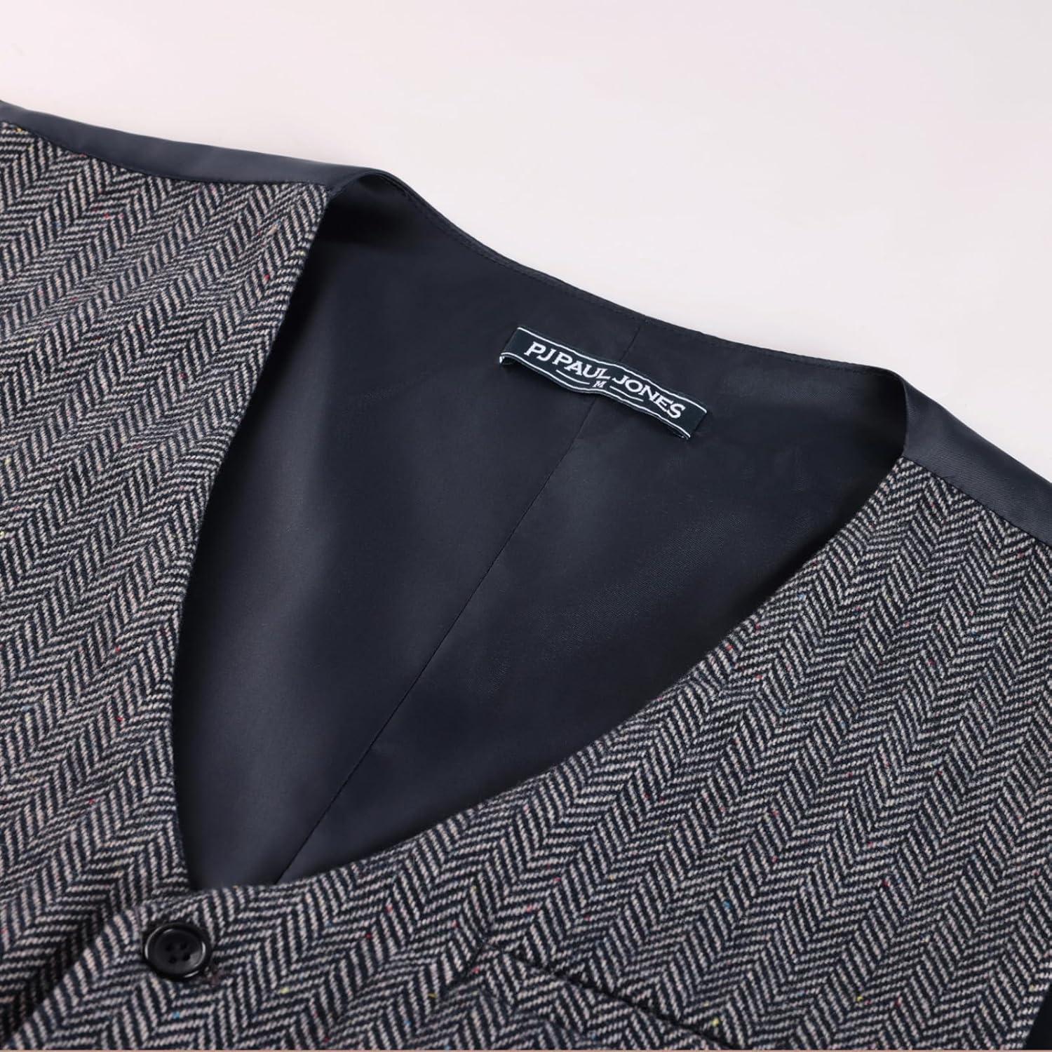 imagePJ PAUL JONES Mens Herringbone Tweed Suit Vest Casual Wool Blend WaistcoatDark Blue Herringbone