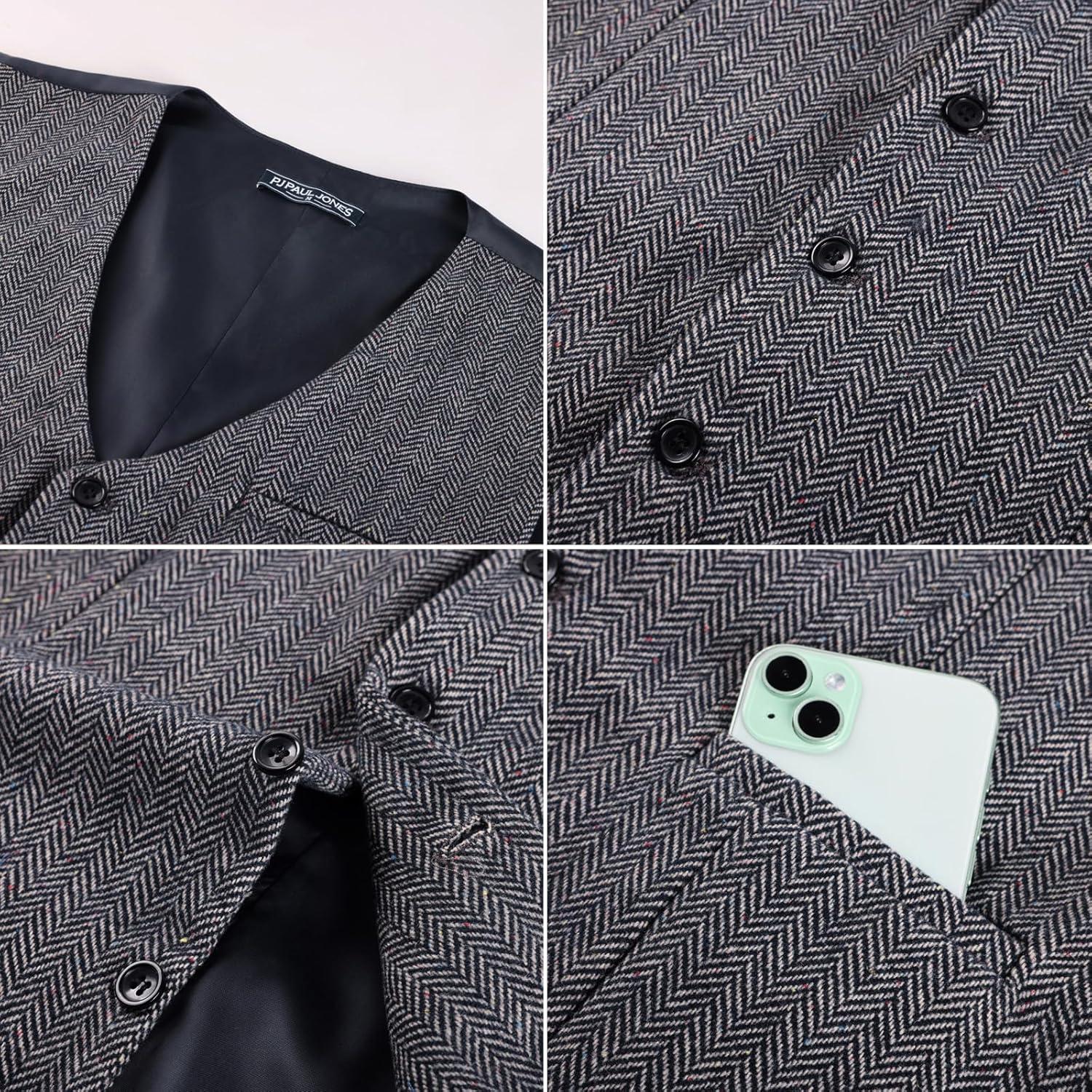 imagePJ PAUL JONES Mens Herringbone Tweed Suit Vest Casual Wool Blend WaistcoatDark Blue Herringbone