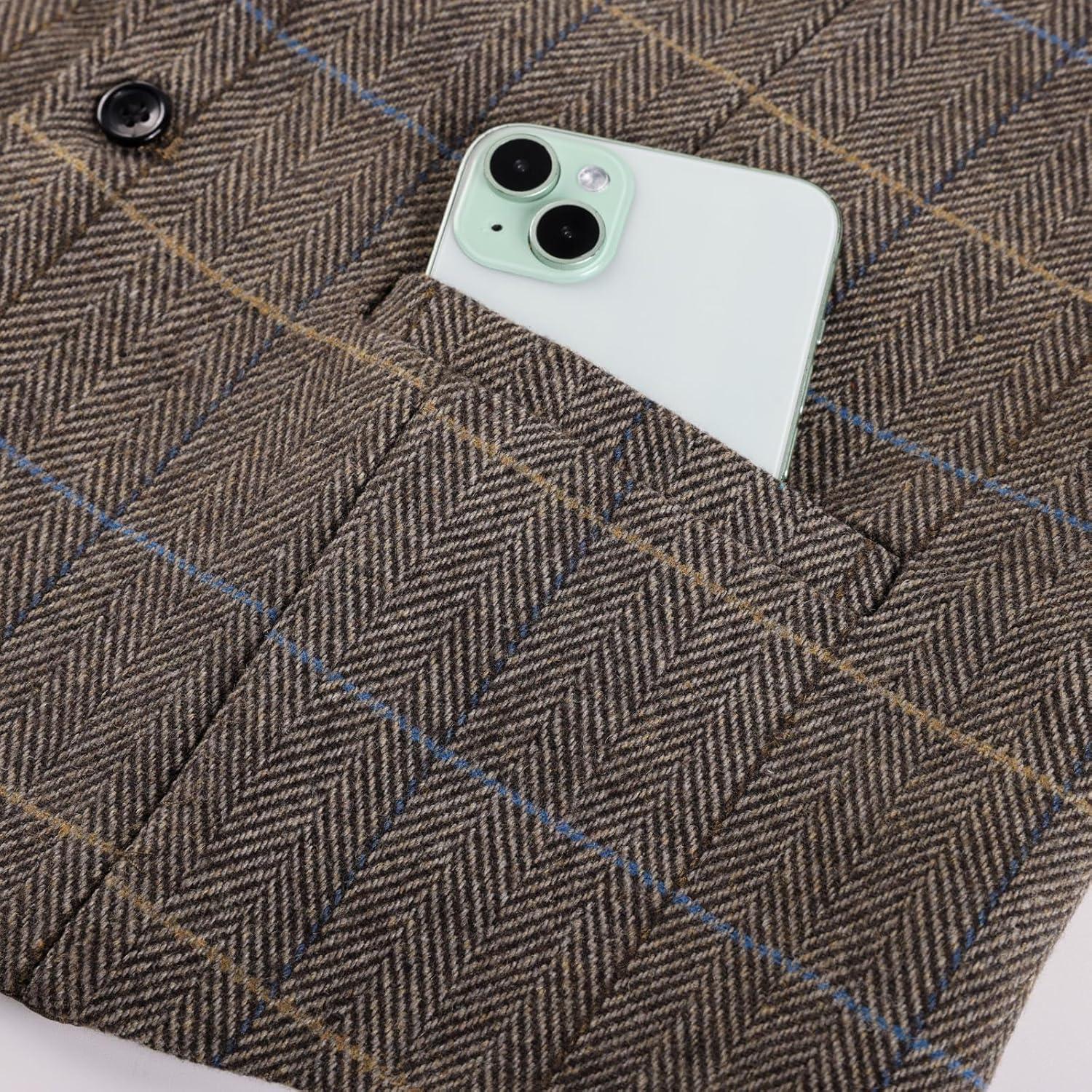 imagePJ PAUL JONES Mens Herringbone Tweed Suit Vest Casual Wool Blend WaistcoatDark Brown