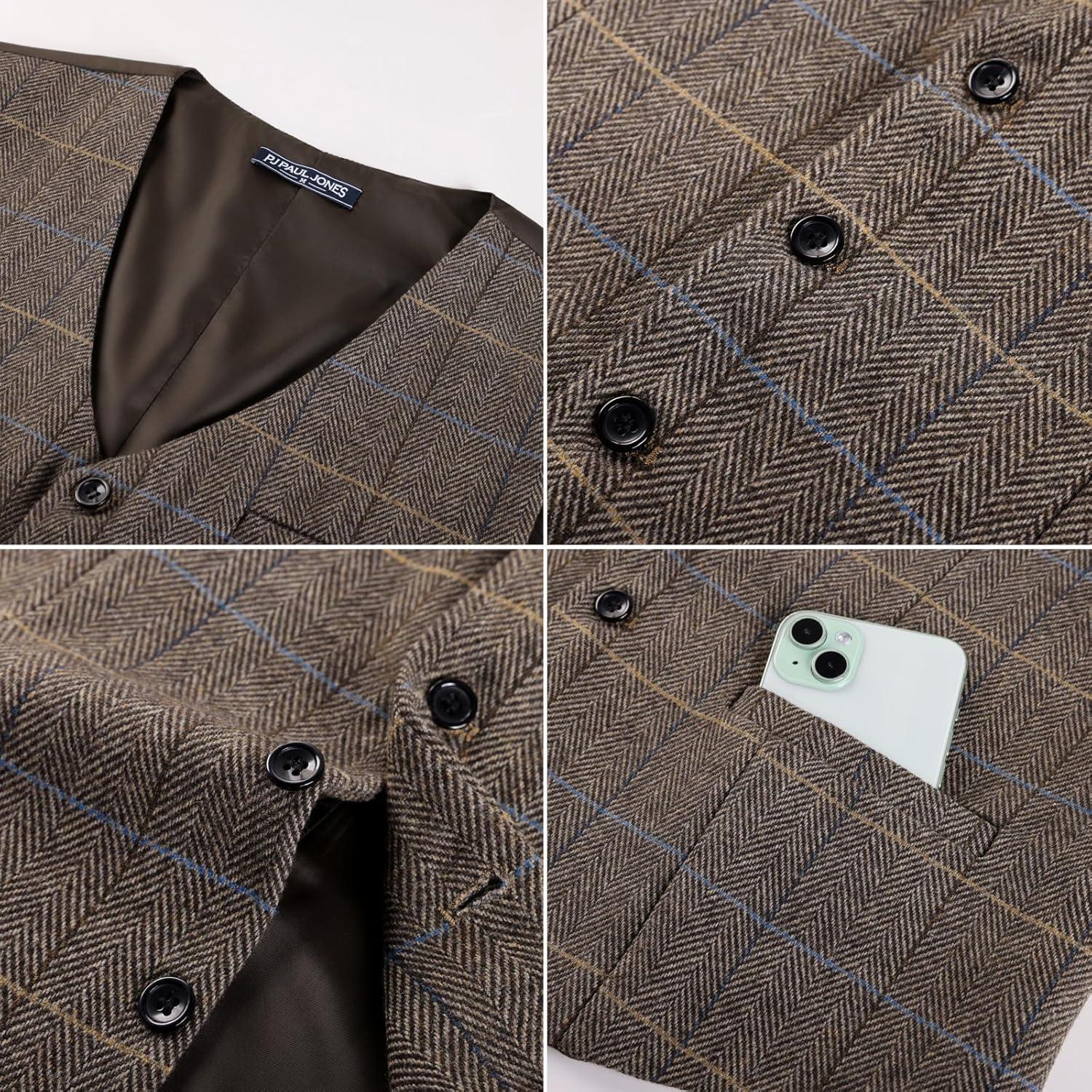 imagePJ PAUL JONES Mens Herringbone Tweed Suit Vest Casual Wool Blend WaistcoatDark Brown