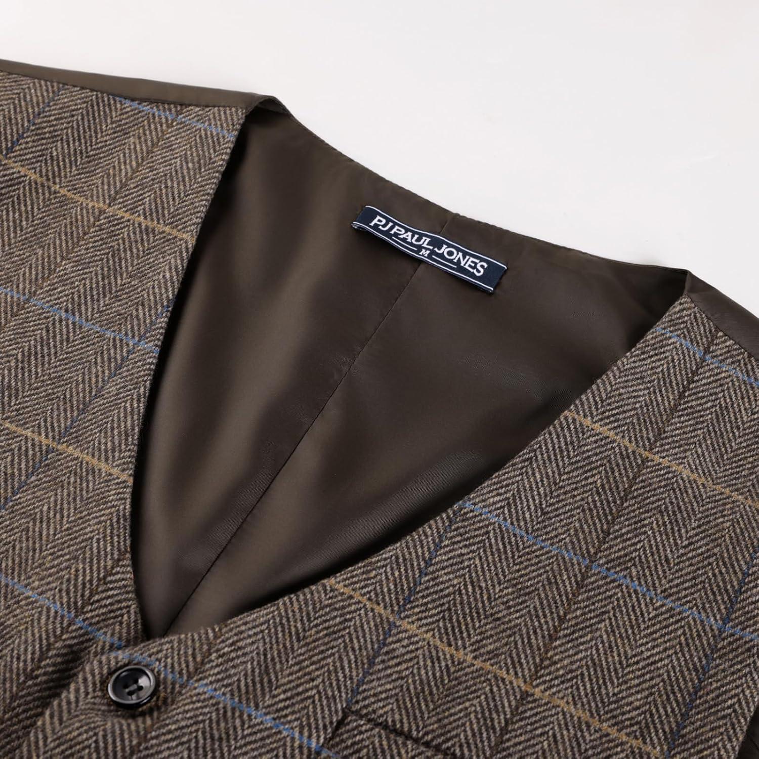 imagePJ PAUL JONES Mens Herringbone Tweed Suit Vest Casual Wool Blend WaistcoatDark Brown