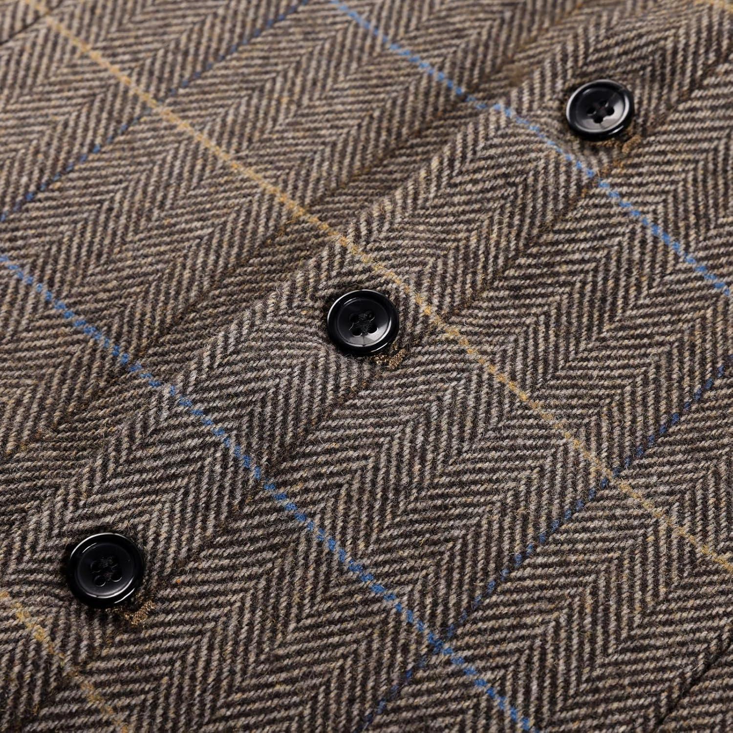 imagePJ PAUL JONES Mens Herringbone Tweed Suit Vest Casual Wool Blend WaistcoatDark Brown