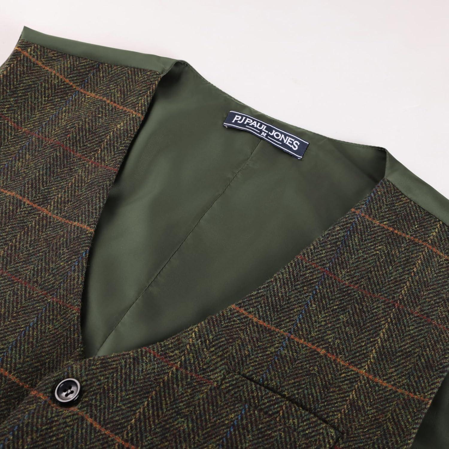 imagePJ PAUL JONES Mens Herringbone Tweed Suit Vest Casual Wool Blend WaistcoatYellowgreen Herringbone