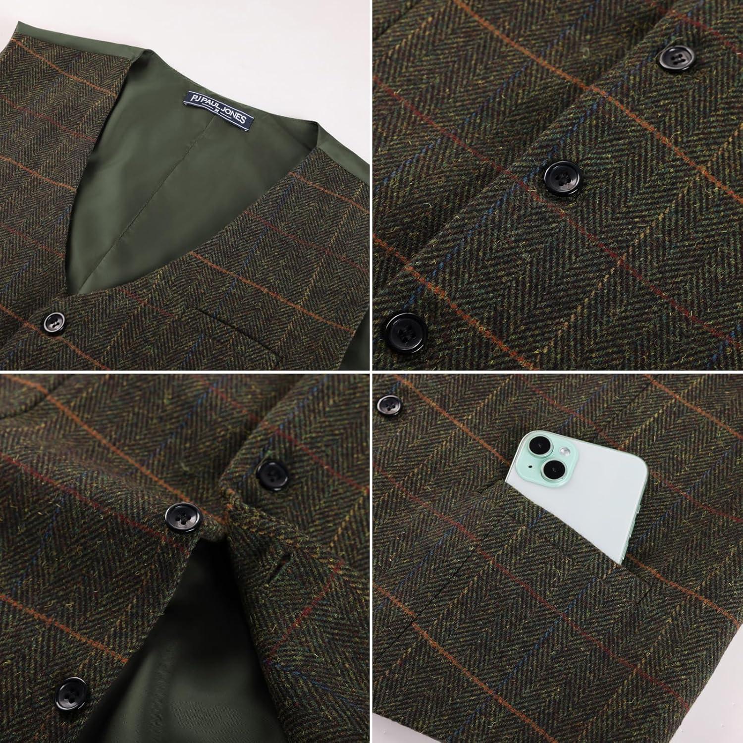 imagePJ PAUL JONES Mens Herringbone Tweed Suit Vest Casual Wool Blend WaistcoatYellowgreen Herringbone