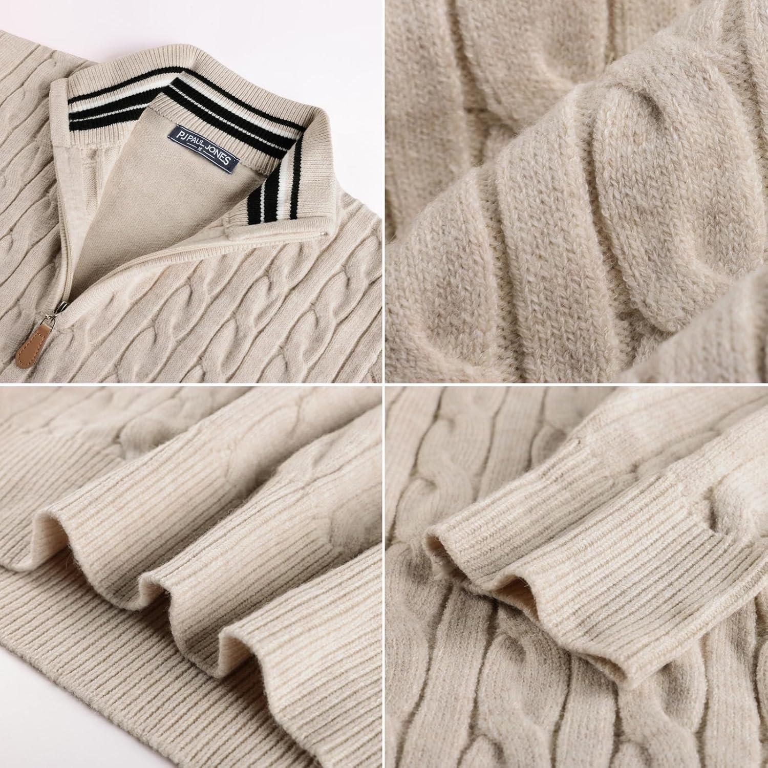 imagePJ PAUL JONES Mens Quarter Zip Sweater Cable Knitted Pullover Sweaters Textured Solid Colors SweaterApricot