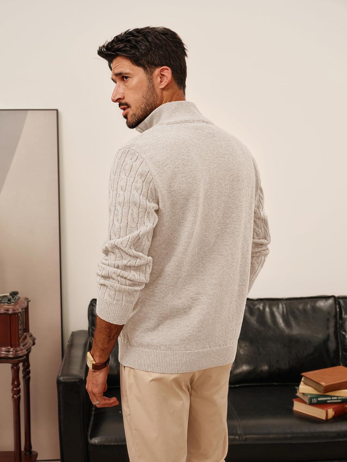 imagePJ PAUL JONES Mens Quarter Zip Sweater Cable Knitted Pullover Sweaters Textured Solid Colors SweaterApricot