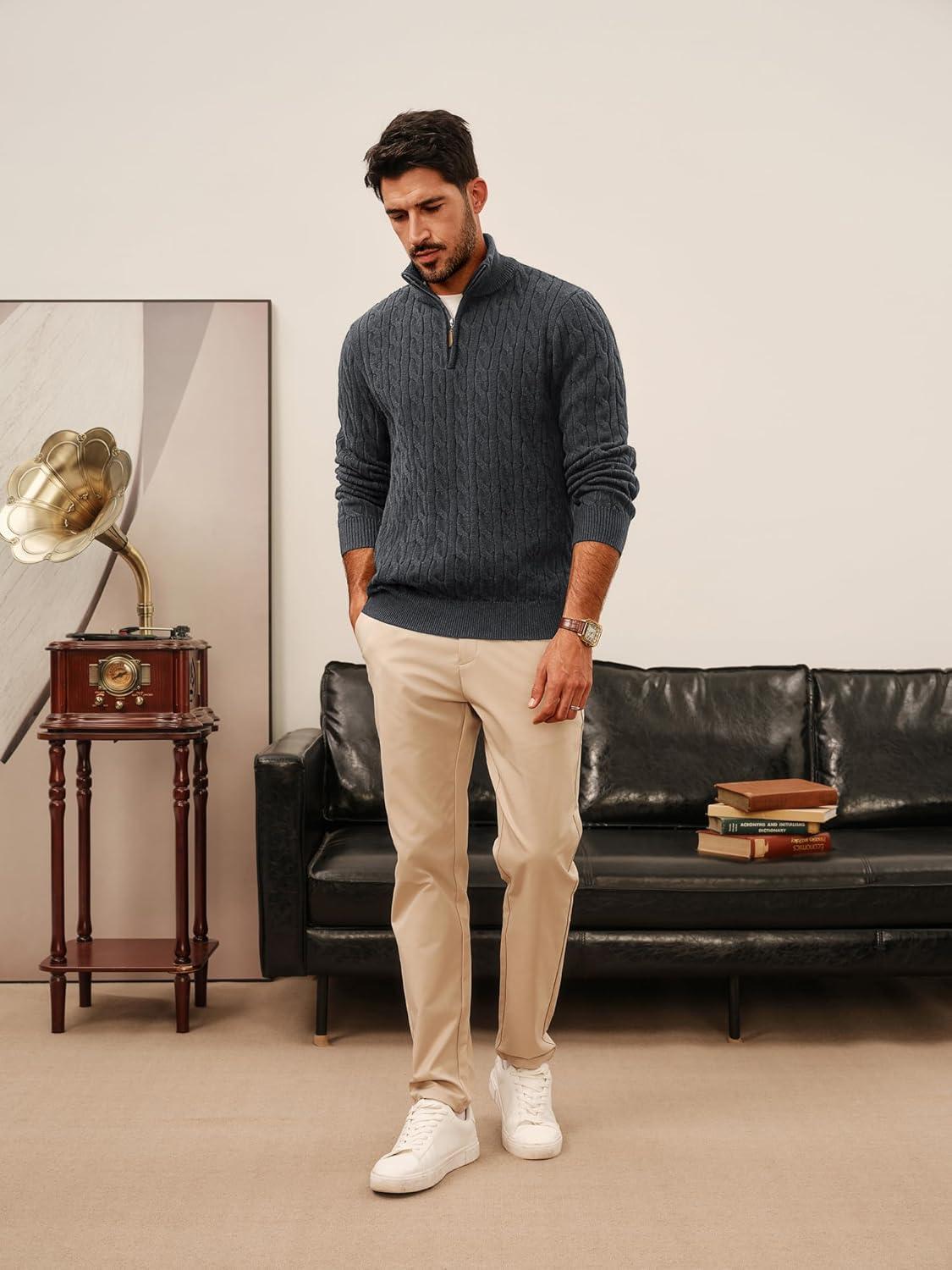 imagePJ PAUL JONES Mens Quarter Zip Sweater Cable Knitted Pullover Sweaters Textured Solid Colors SweaterDark Grey