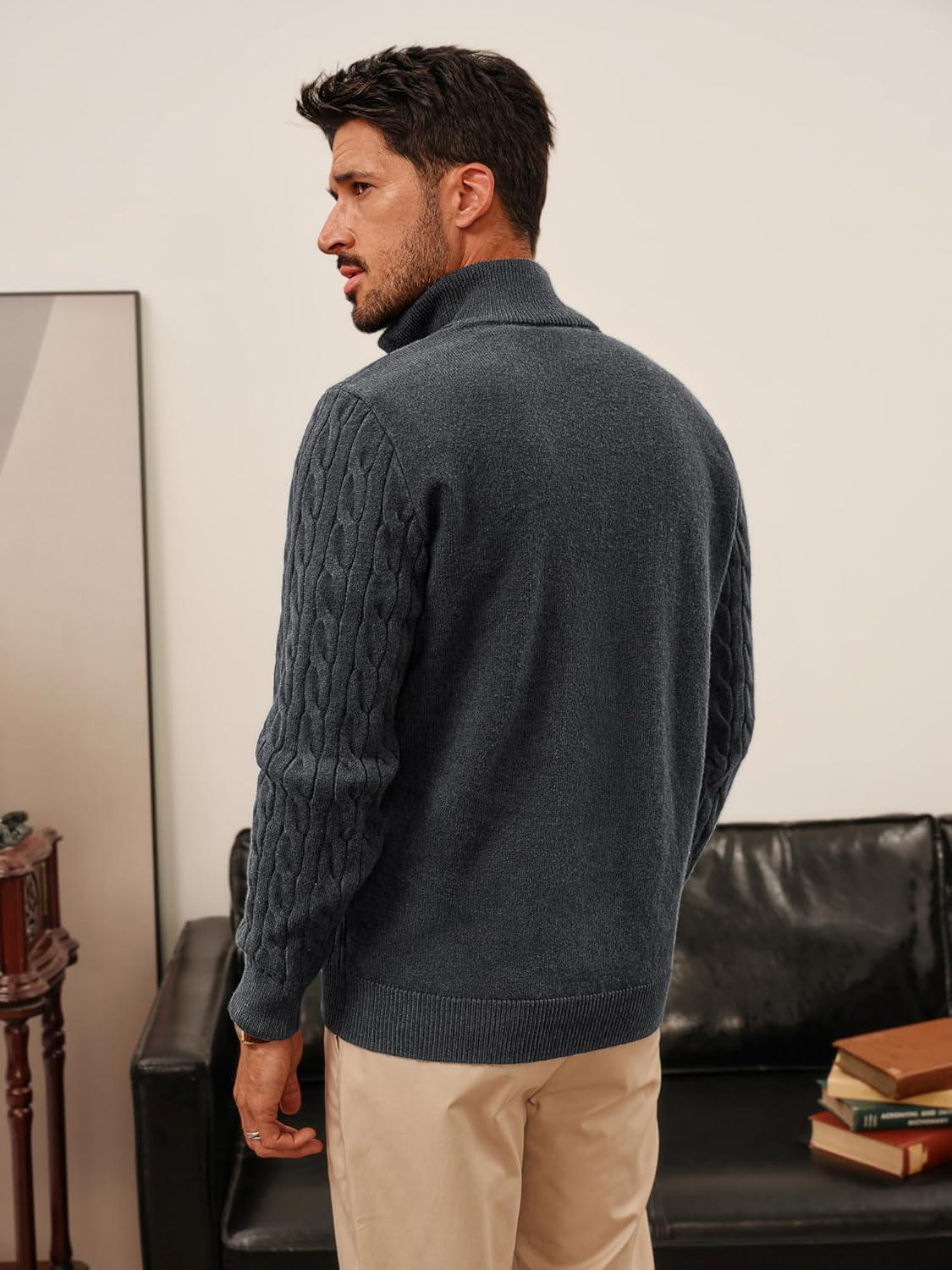 imagePJ PAUL JONES Mens Quarter Zip Sweater Cable Knitted Pullover Sweaters Textured Solid Colors SweaterDark Grey