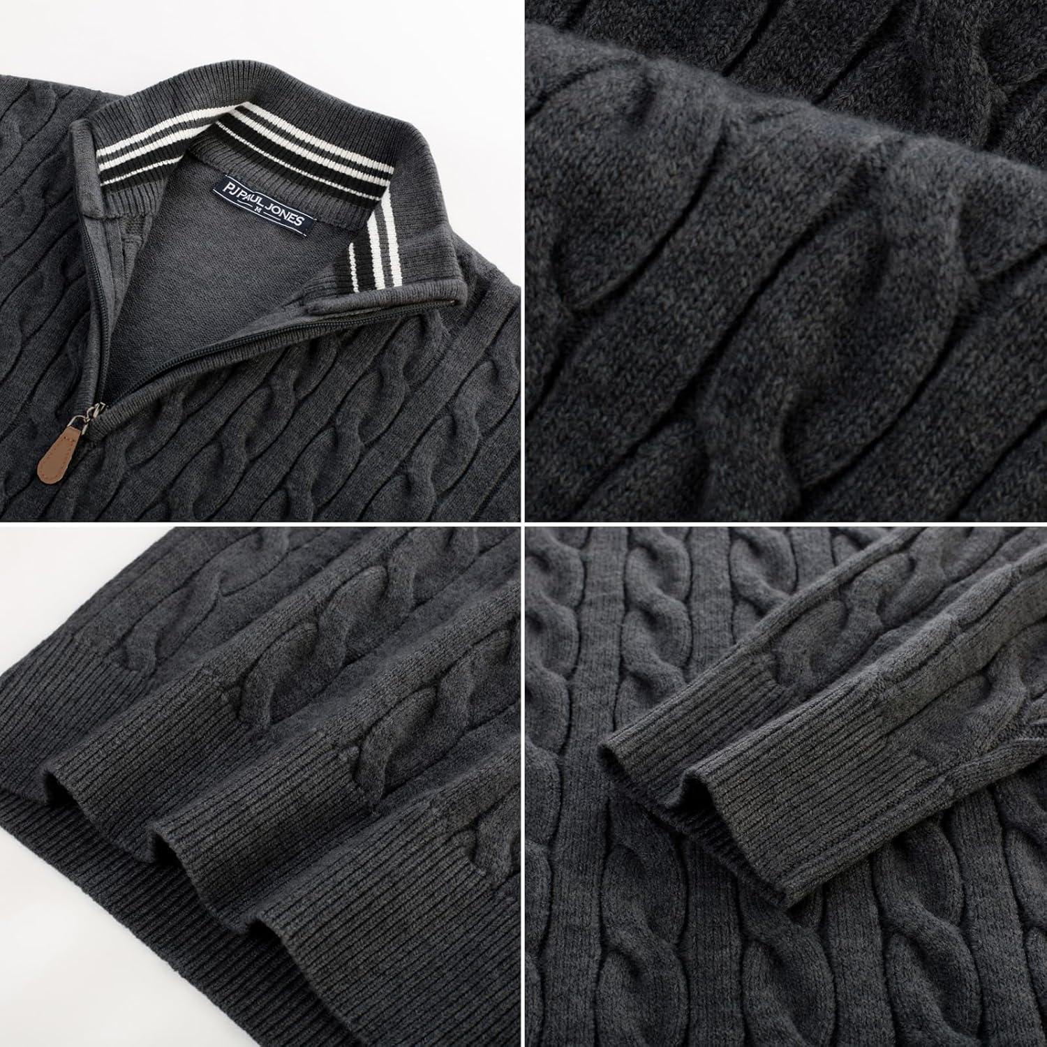 imagePJ PAUL JONES Mens Quarter Zip Sweater Cable Knitted Pullover Sweaters Textured Solid Colors SweaterDark Grey