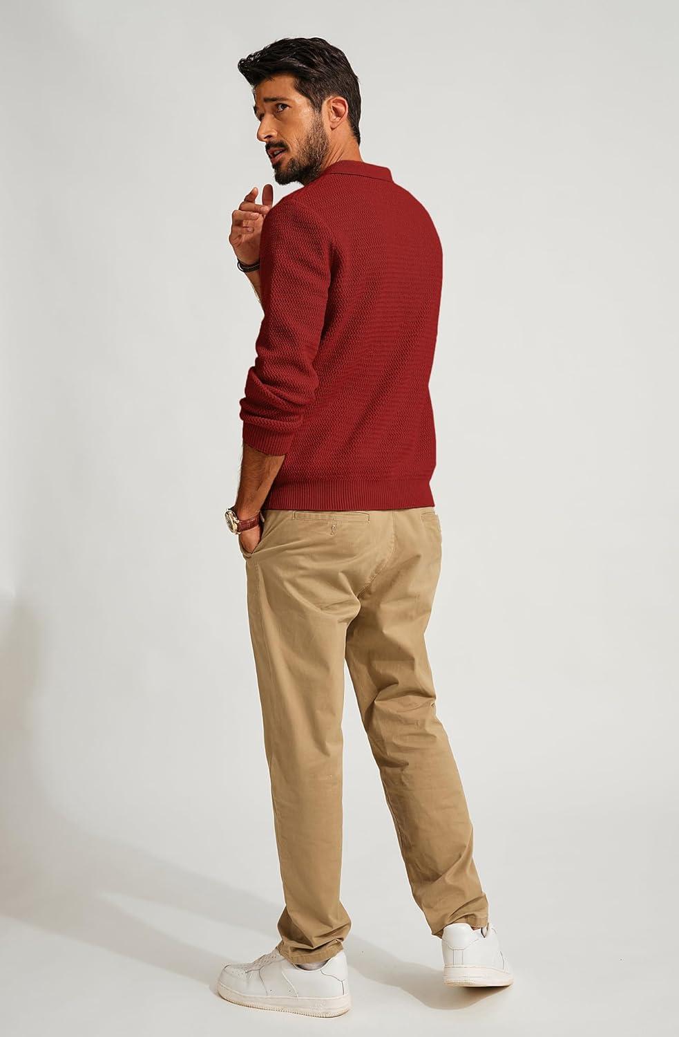 imagePJ PAUL JONES Mens Sweater V Neck Pullover Sweater Long Sleeve Cable Knit Textured SweaterRed