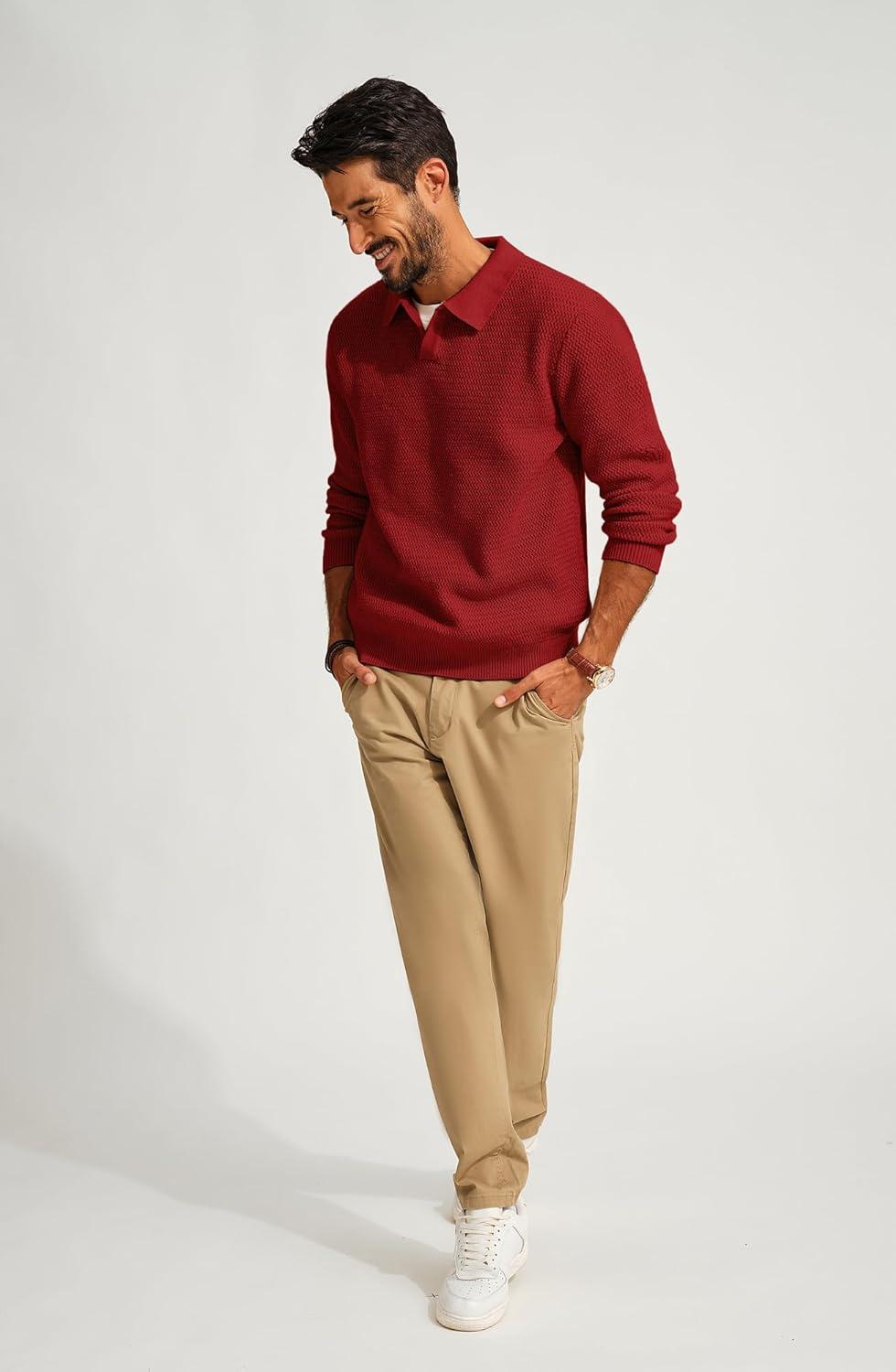 imagePJ PAUL JONES Mens Sweater V Neck Pullover Sweater Long Sleeve Cable Knit Textured SweaterRed