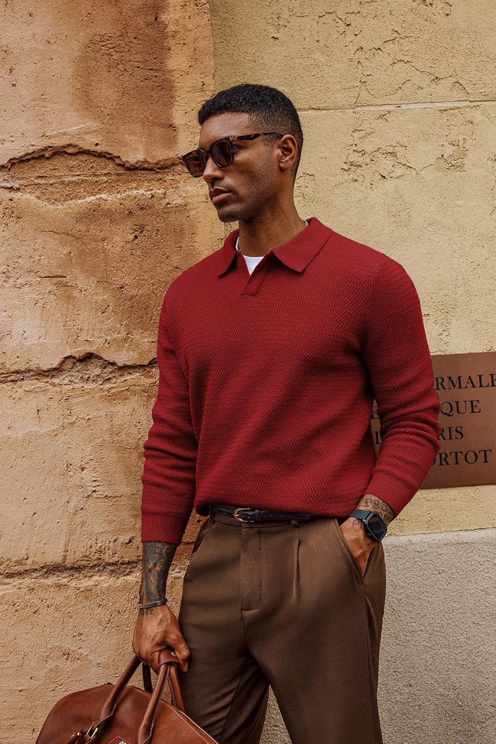 imagePJ PAUL JONES Mens Sweater V Neck Pullover Sweater Long Sleeve Cable Knit Textured SweaterRed
