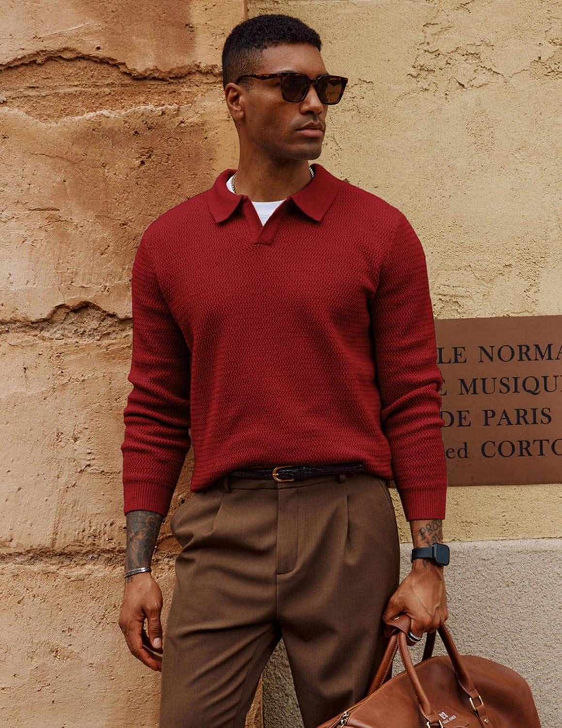 imagePJ PAUL JONES Mens Sweater V Neck Pullover Sweater Long Sleeve Cable Knit Textured SweaterRed