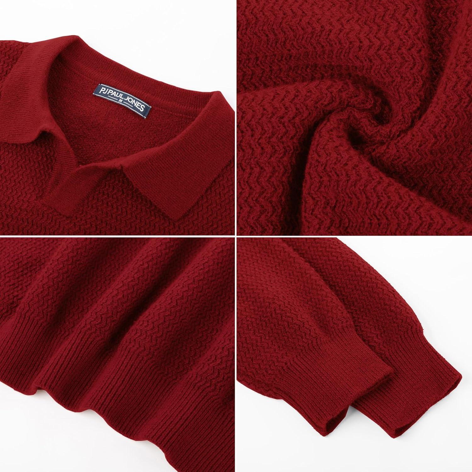 imagePJ PAUL JONES Mens Sweater V Neck Pullover Sweater Long Sleeve Cable Knit Textured SweaterRed