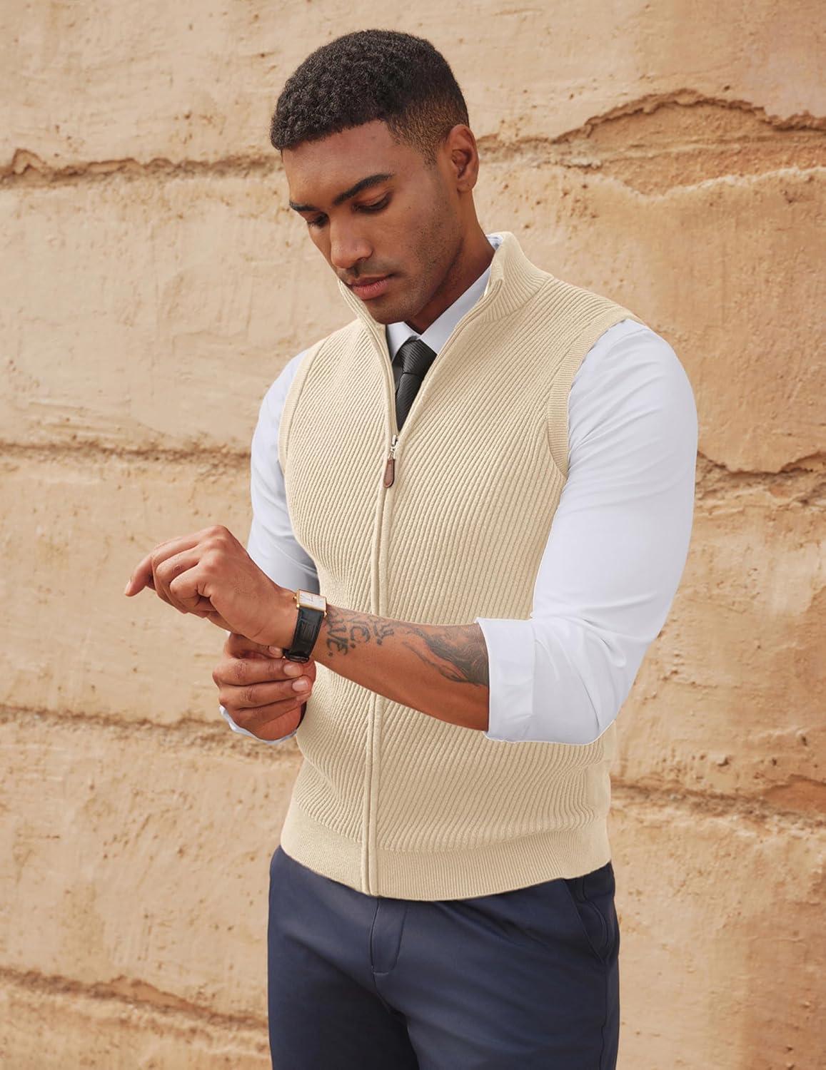 imagePJ PAUL JONES Mens Sweater Vests Slim Fit Twill Textured Full Zip Sleeveless Vests Casual OutwearApricot