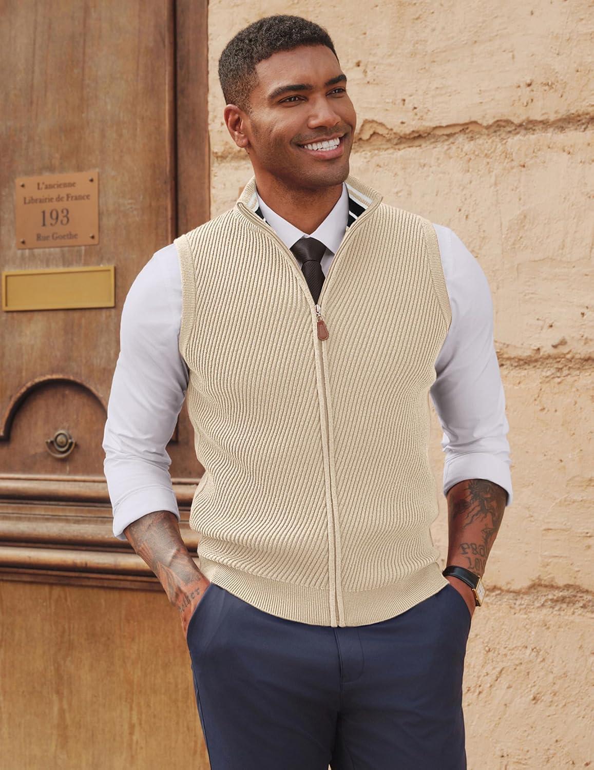 imagePJ PAUL JONES Mens Sweater Vests Slim Fit Twill Textured Full Zip Sleeveless Vests Casual OutwearApricot