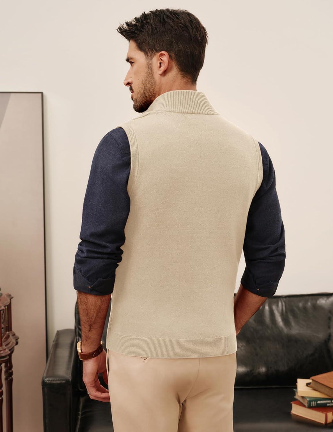 imagePJ PAUL JONES Mens Sweater Vests Slim Fit Twill Textured Full Zip Sleeveless Vests Casual OutwearApricot