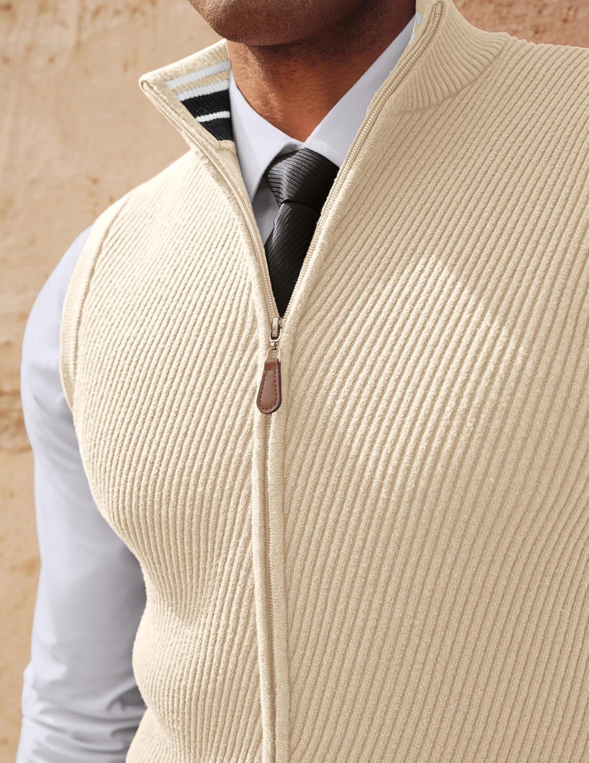 imagePJ PAUL JONES Mens Sweater Vests Slim Fit Twill Textured Full Zip Sleeveless Vests Casual OutwearApricot