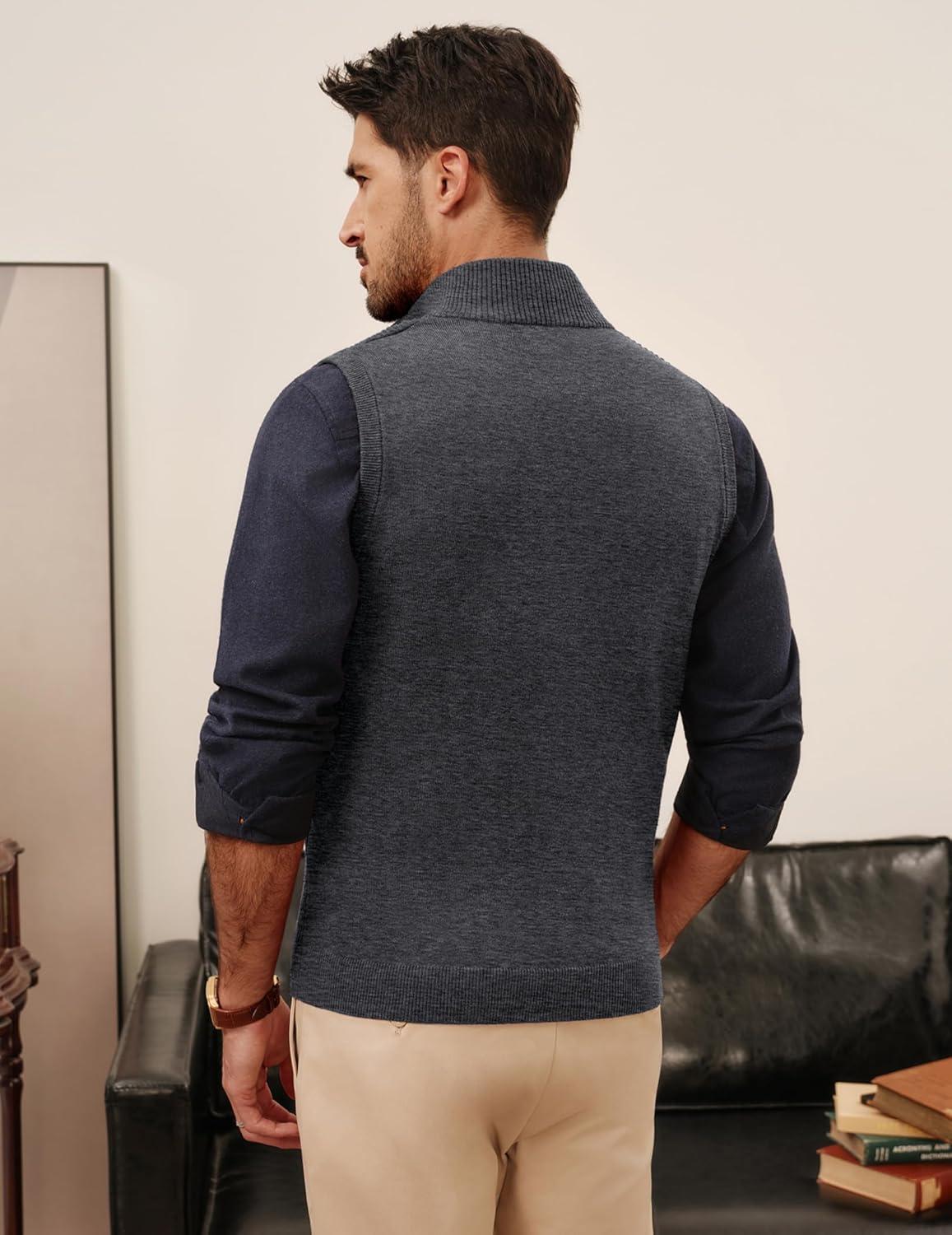 imagePJ PAUL JONES Mens Sweater Vests Slim Fit Twill Textured Full Zip Sleeveless Vests Casual OutwearBlue Gray